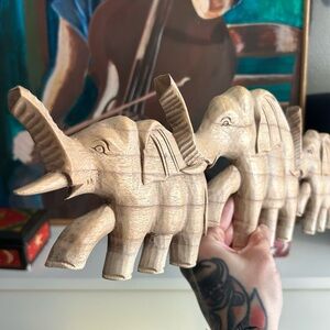 Vintage 19" X 6” Wooden Elephant Decor - Natural Brown